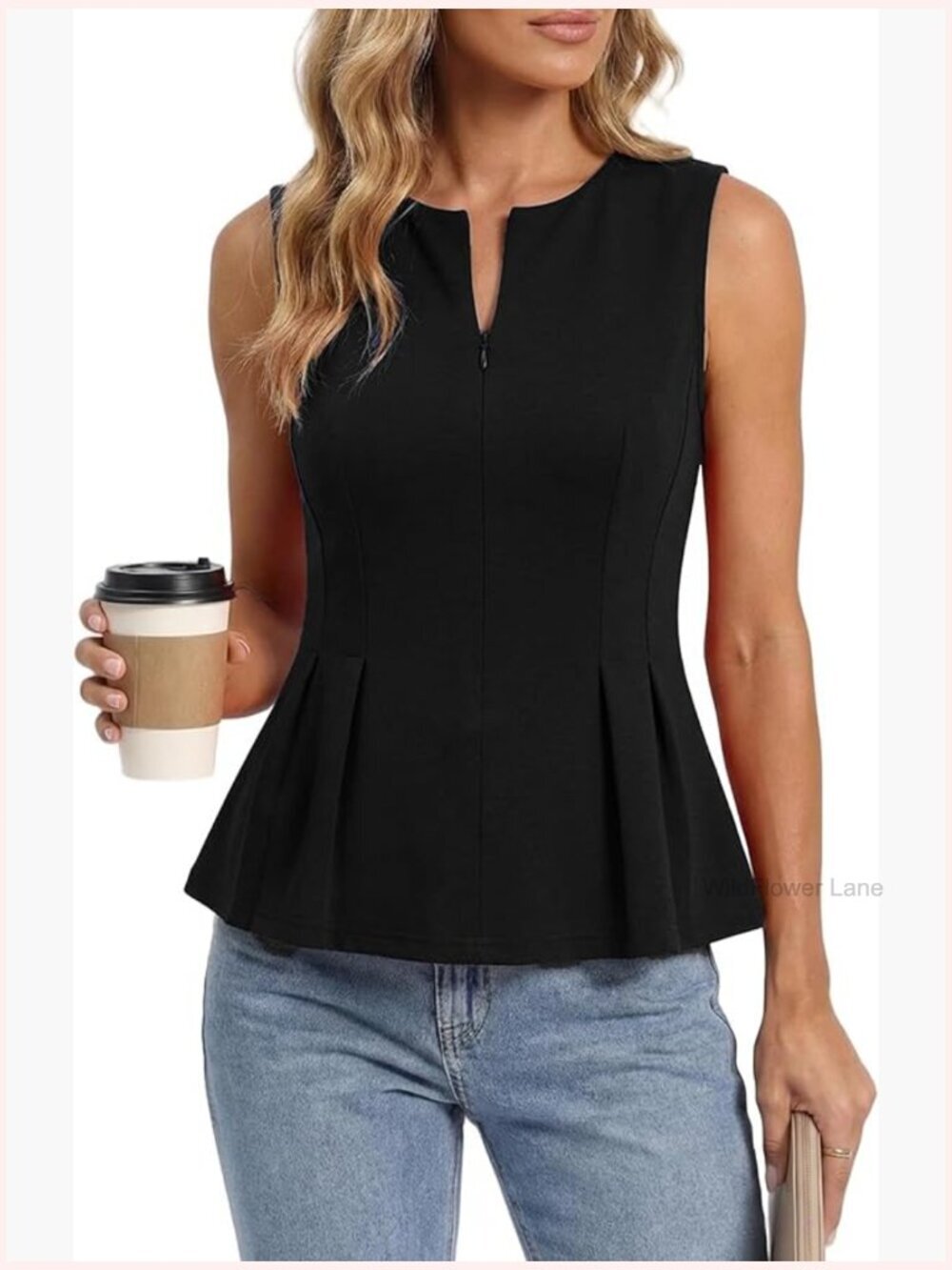 Peplum Tank Top Sleeveless Zip Up Babydoll Blouse Business Casual Work Cute